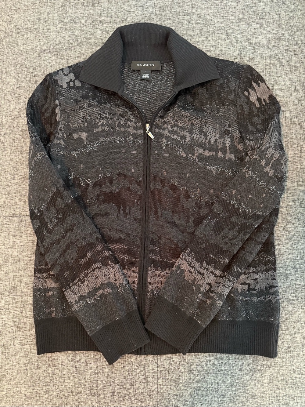 St. John Black and Gray Zip-Front Patterned Knit Zip Up Sweater
